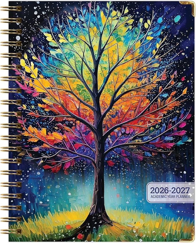 HARDCOVER Academic Year 2026-2027 Planner: 14 Months (May 2026 Through June 2027) 8.5"x 11" Daily Weekly Monthly Planner Yearly Agenda. Bookmark, Pocket Folder and Sticky Note Set (Black Tree Seasons)