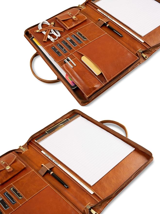 Oil Wax Leather Portfolio, Padfolio Organizer with Handle, Personalized Padfolio,Padfolio with Zipper for Men Women,Suitable for 15-inch Laptop Legal Pad Padfolio, Brown