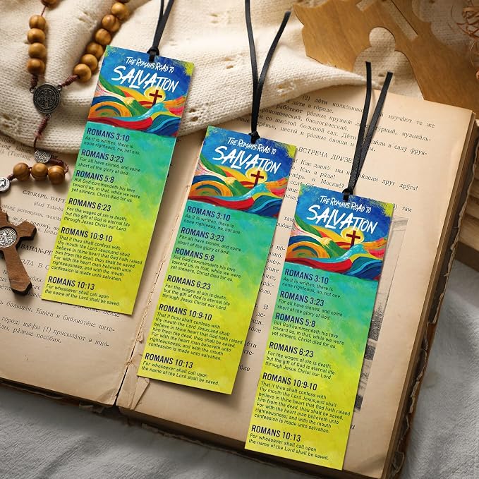 Fuyoooo 50 Pcs Romans Road to Salvation Bookmarks 6 x 2 Inches Roman's Road Bookmarks Gospel Tracts with 50 Pcs Hanging Strings Christian Inspirational Scripture Gift for Church Evangelism Men Women