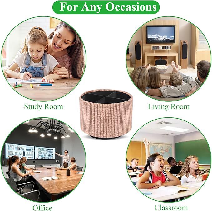 Round Leather Art Supply Organizer,Remote Control Holder,360 Degree Spinning,Multi-Functional Pencil Holder,4 Compartments Desktop Stationary Organizer(1-Wood Apricot)