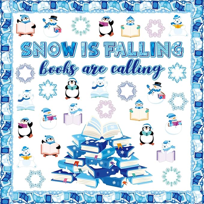 Honoson 64 Pcs Winter Bulletin Board Decoration Set Snowflake Bulletin Boards Winter Reading Classroom Decorations Book Cutouts for School Home Reading DIY Craft Chalkboard Window Wall Decor(Snow)
