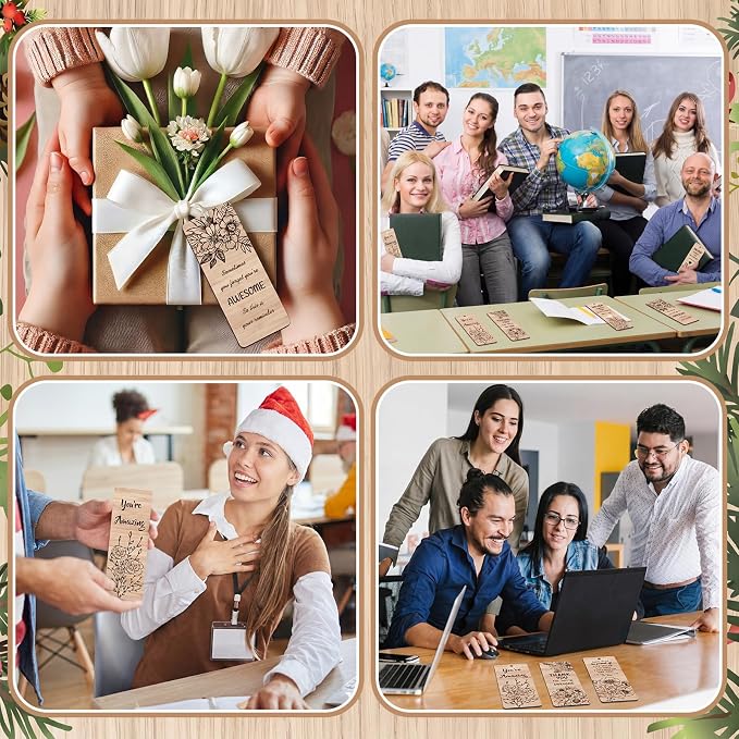 Resurhang 100 Pcs End of Year Classroom Gifts Bulk Wood Inspirational Bookmarks with Floral Encouraging Team Thank You Gift for Women Employee Coworker Paraprofessional Colleagues Teachers