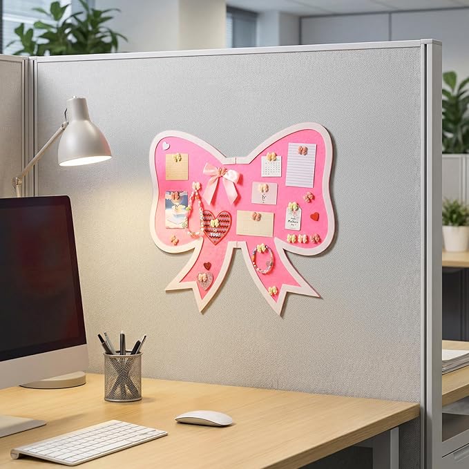 Affrolling 18 Inch Cute Bulletin Board Felt Bow Cork Board with Push Pins Decorative Thumb Tacks for Wall Craft Scrapbooking Home Decor(Bow,Pink)