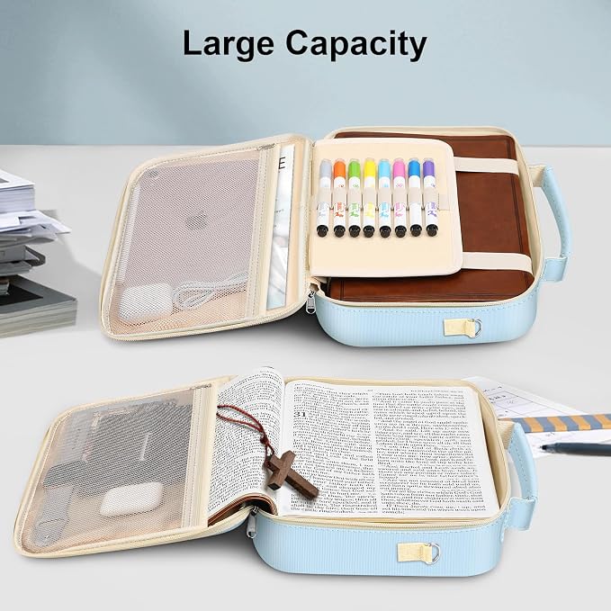 FINPAC Large Bible Cover w/Shoulder Strap, Carrying Book Case Church Bag Bible Protective w/Pen Slots and Zippered Pocket, Gift for Women Lady, Letter Blue