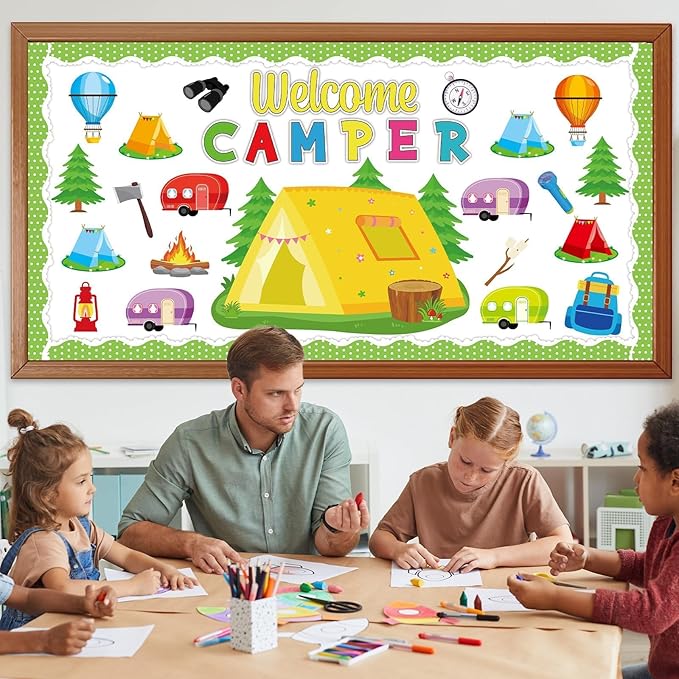 QOUBAI Camping Bulletin Board Set Happy Camper Trim Classroom Border Decorations VBS Tent Vintage Trailers Cutouts Welcome Camper for Back to School Summer Camping Nursery Chalkboard Wall Door Decor
