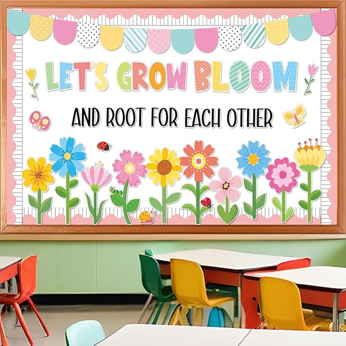 ZOIIWA Summer Bulletin Board Decorations Spring Bloom Flower Classroom Bulletin Board Borders Colorful Floral Butterfly Cutouts for Back to School Birthday Party Supplies School Home Office Wall Decor