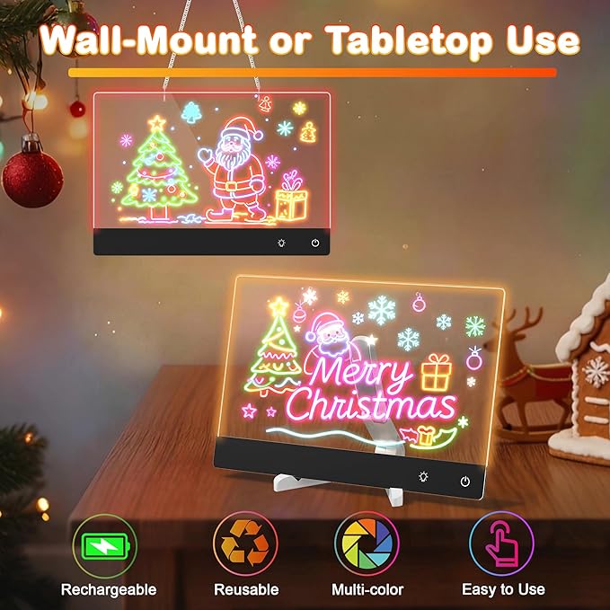 Rechargeable Lumi LED Drawing Board with 12 Markers,13.7"x10"LED Note Board Acrylic Dry Erase Board with 7 Colors Light, Doodle Glow Message Board for Halloween Christmas Birthday Gifts(Black)
