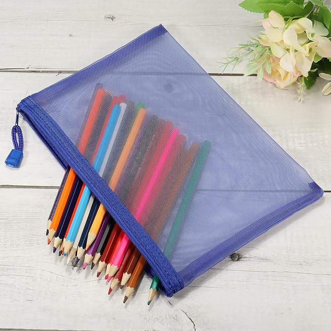MECCANIXITY Mesh Zipper Bags, A5 Nylon Zip Pouch Pencil Case Storage Pockets for Travel Office Accessories, Blue Pack of 6