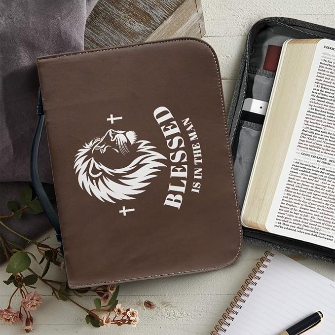 Retro Religious Style Lion Bible Case with Bookmark Waterproof Bible Cover Case for Women Lightweight Bible Bag with Handle Pockets Church Book Bag Brown