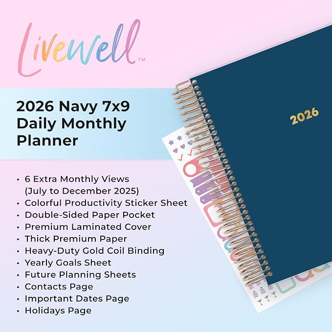 Blue Sky Livewell 2026 Daily and Monthly Planner Calendar, January 2026 - December 2026, 7" x 9", Flexible Laminated Cover, Heavy Duty Coil Binding, Colorful Premium Paper, Includes Storage Pocket, Stickers, Navy