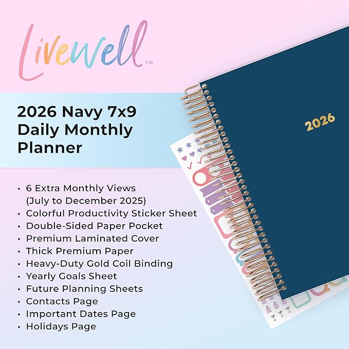 Blue Sky Livewell 2026 Daily and Monthly Planner Calendar, January 2026 - December 2026, 7" x 9", Flexible Laminated Cover, Heavy Duty Coil Binding, Colorful Premium Paper, Includes Storage Pocket, Stickers, Navy