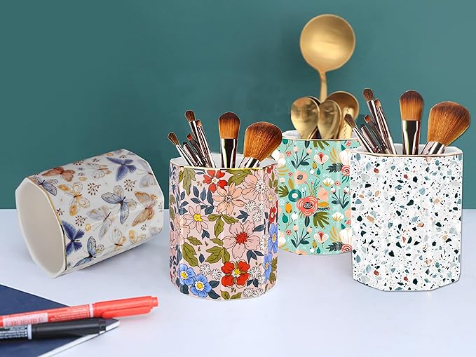 Pen Holder, Makeup Brush Holder Ceramic Gold Nordic Terrazzo Marble Pattern Pencil Cup for Girls Kids Women Durable Desk Organizer Storage Gift for Office, Classroom, Home Modern Light Blue