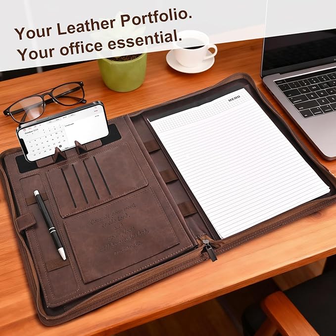 Leather Portfolio for Men, Christian Religious Gifts for Men with Laptop Pocket, Padfolio Binder Folder with Zipper for Women, Business Large Organizer Case for Bible Notebook Notepad Phone (Brown)