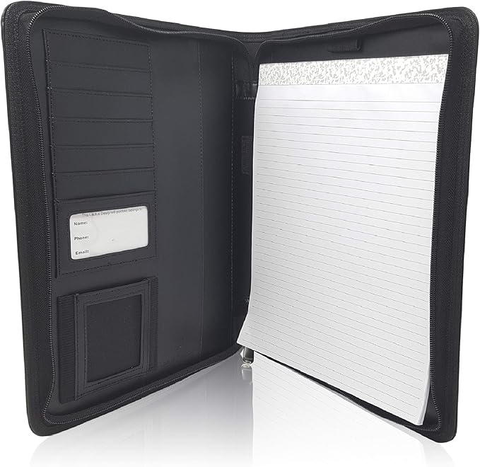 Matt Black Zippered Portfolio Binder - Lean PU Leather Business Executive Portfolio Organizer Folder - Padfolio for Men & Women with US Letter Notepad & Gift Box by Lautus Designs
