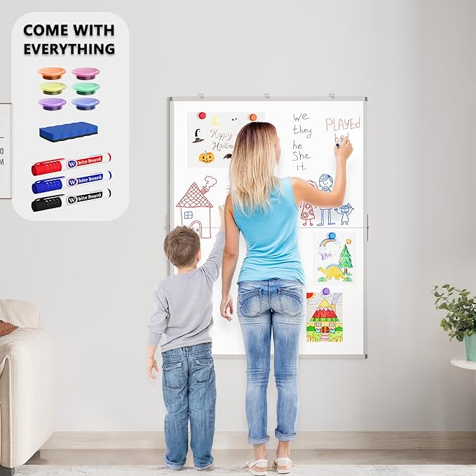 Magnetic White Board Dry Erase Board for Wall, 48" x 36" (4' X 3') Wall-Mounted Large Whiteboard for School, Classroom, Office & Home