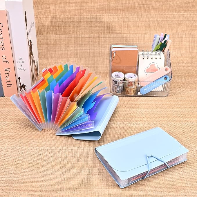 2Pcs Receipt Coupon Holder Organizer, 13 Pockets Small Accordian File Organizer, Expanding File Folder with Colorful Tabs, A6 Size for Cards, Check, Tickets, Monthly Bills Storage (Blue)