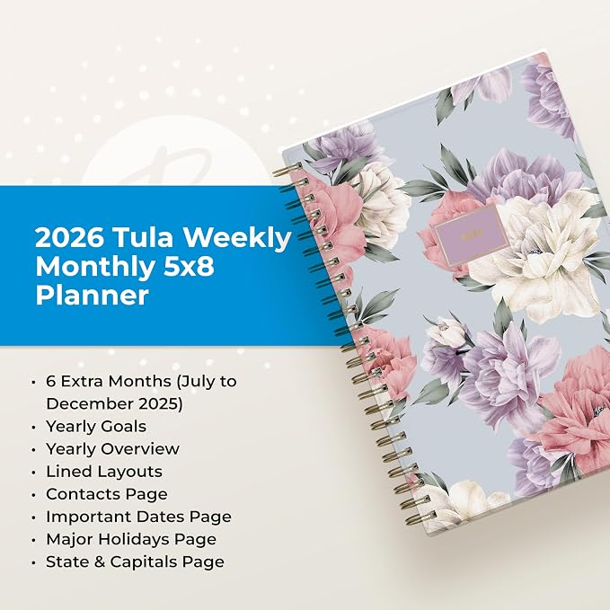 Blue Sky 2026 Weekly and Monthly Planner Calendar, January 2026 - December 2026, 5" x 8", Flexible Cover, Laminated Tabs, Durable Twin Wire Binding, Tula