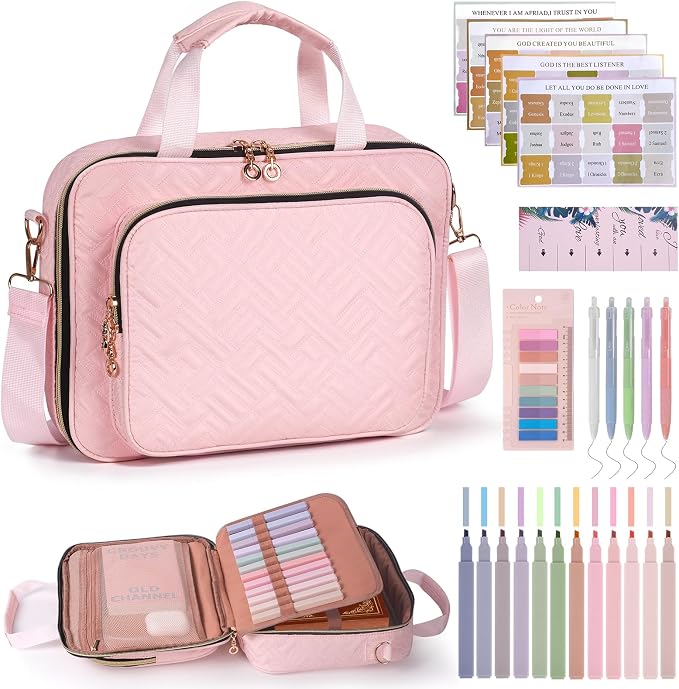 Bible Cover Case for Women Elegant Carrying Bag with Handles & Shoulder Strap Large Bible Storage Bag–Includes Bible Study Supplies, Highlighters(Pink, L)