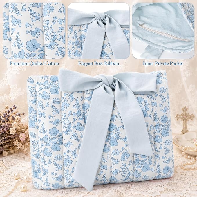 XKDOUS Quilted Cotton Bible Case for Girls and Women, Machine Washable Bible Book Cover with Large Capacity Pen Bag, Soft Cute Bible Carrying Bag with Bow Fits Most Standard Bibles, Blue Blossom
