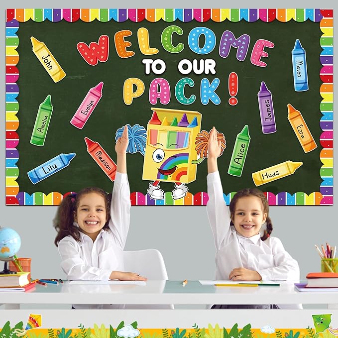 Pasimy Crayon Bulletin Board Decorations Set Welcome to Our Pack Classroom Decor Colorful Crayon Name Tags Cutouts Art Bulletin Board Border for Back to School Summer Office Home Wall Door Supplies