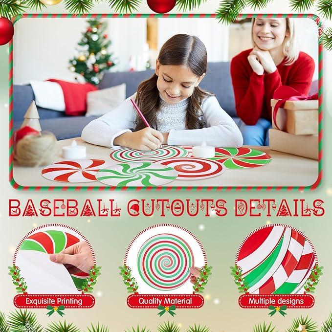 TaoBary 24 Pcs 7.09 Inch Christmas Candyland Peppermint Cutouts Candy Party Decorations Green Red White Candy Paper Bulletin Board Cutouts for Classroom Birthday DIY Wall Banner Home Window Supplies