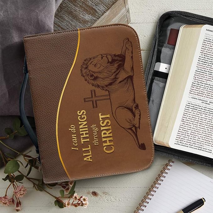 Vintage Style Cross Bible Case with Bookmark Waterproof Bible Cover Case for Women Lightweight Bible Bag with Handle Pockets Church Book Bag Brown