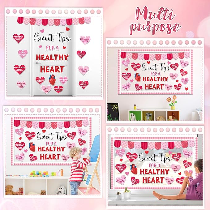 Valentine's Day Health Bulletin Board Set Pink Red Heart Paper Bulletin Board Valentines Classroom Sweet Tips for a Healthy Heart Cutouts for Valentines School Classroom Home Chalkboard Wall Decor