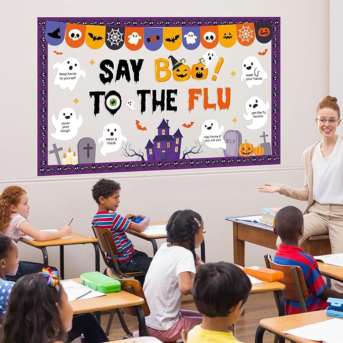 Halloween Ghost Bulletin Board Halloween Healthy Classroom Decorations Set Flu Awareness Theme Cutouts Ghost Pumpkin Paper Cutout for Office School Publicity Chalkboard Wall Decor