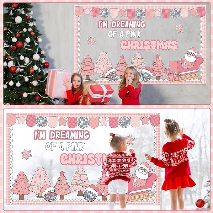 ojustbeok Pink Christmas Bulletin Board Set Xmas Santa Bulletin Board Decoration Christmas Tree Snowman Paper Cutouts for School Classroom Home Chalkboard Wall Xmas Winter Holiday Party Supplies