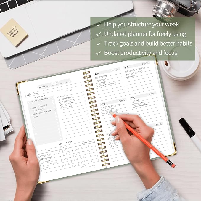 Undated Weekly Planner, Weekly To Do List Notebook with Goal & Habit Tracker Organizer, A5 Hardcover Weekly Planner for ADHD, Office School Home Supplies, Reduces Stress and Boosts Productivity - Green