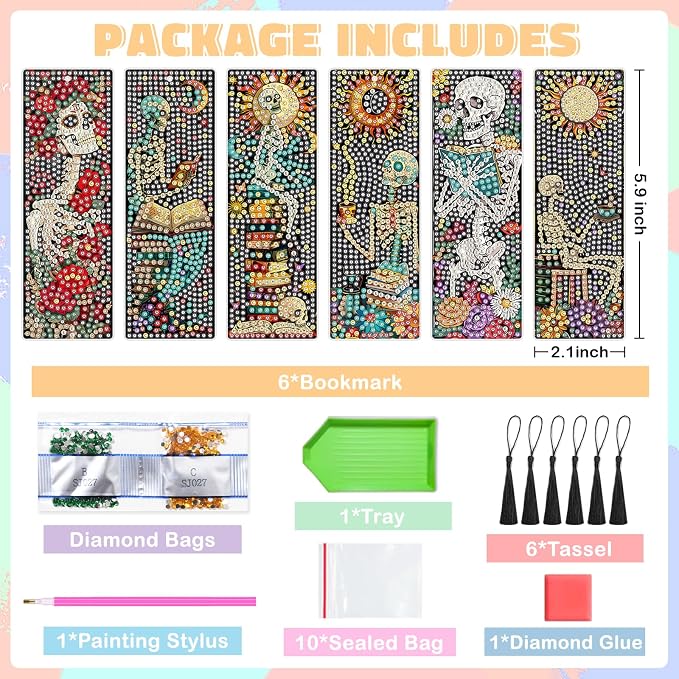 6 PCS Diamond Art Kits Bookmarks Diamond Painting Kit Book Mark, Handmade DIY Skeleton Diamond Art Skull Gem Art Acrylic Tassel Bookmarks for Women Adults, Craft Kits Gift Set for Book Lovers