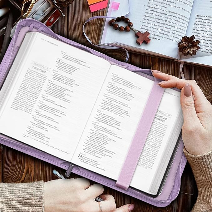 CITYCHASE Elegant Rose Design Bible Cover Case with Bible Study Supplies Highlighters Pens Bookmark Leather Bible Cover Case for Women Gift for Christians (Purple Pro)