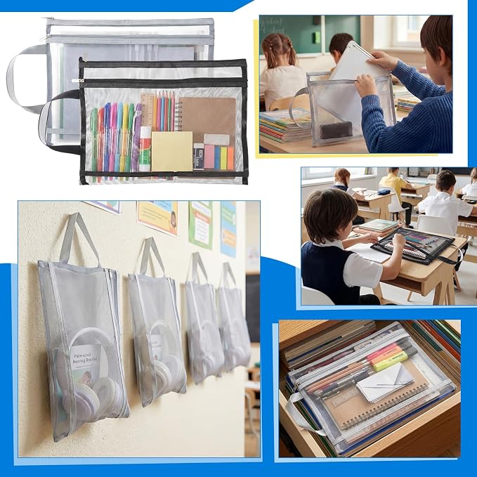 12 Pcs Double Layer Mesh Zipper Pouch Bags with Handles Black and Gray A4 Nylon Document Organizer Pouch for School Office Visible Portable Games Toy Storage Bags for Building Blocks