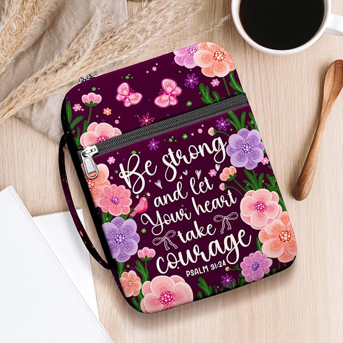 Floral Scripture Bible Cover for Women, Inspirational Bible Case with Handle and Zipper, Canvas Bible Bag Fits Standard Size Bible, Christian Gift for Girls, Faith Study