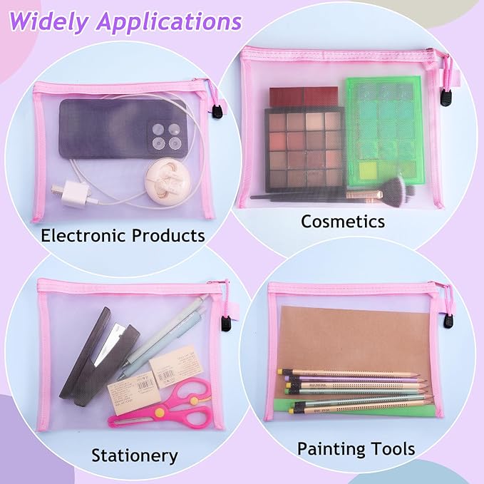15 Pcs Mesh Zipper Pouch Bags,Pink Makeup Bags,Zipper Nylon Mesh Pouch,Nylon Mesh Cosmetic Bags,Portable Makeup Pouches Organizing for Travel and Office Supplies(Pink, A5)