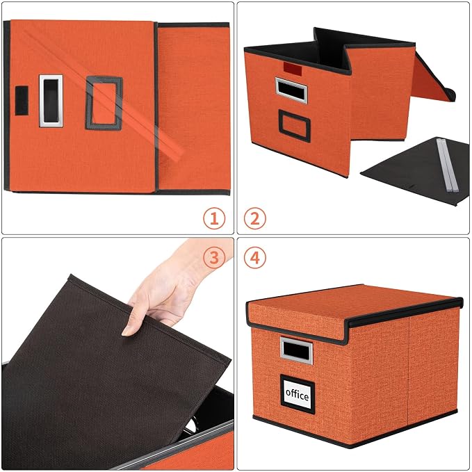 File Organizer Box with Lid, Collapsible File Folder Organizer for Office Document Storage, Filing Box with Plastic Slide for Letter Size Hanging File Folders(1 Pack, Reddish Organge)