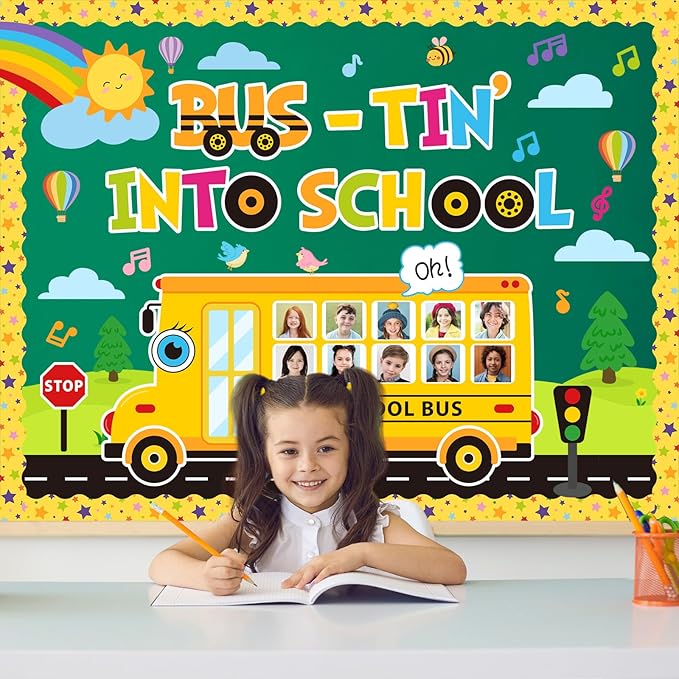 FYSUIMU 72 Pcs Back to School Bus Bulletin Board Decoration Set Yellow Bus-Tin Into School Photo Paper Cutouts with 150 Pcs Glue Points for DIY Crafts Classroom Party