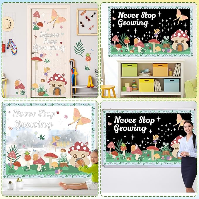 Forest Bulletin Board Decorations Set Mushroom House Spring Summer Never Stop Growing Paper Cutouts Fairy Tale Story Bulletin Boarder Elf Flower Classroom Supplies for Motivational School Party Decor