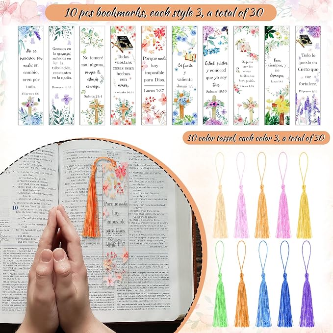 30 Pcs Spanish Bible Verse Acrylic Bookmarks - Inspirational Bulk Bookmarks with Tassel for Back to School, Christian Religious Gifts for Students Teachers Classroom, School Office Study Supplies