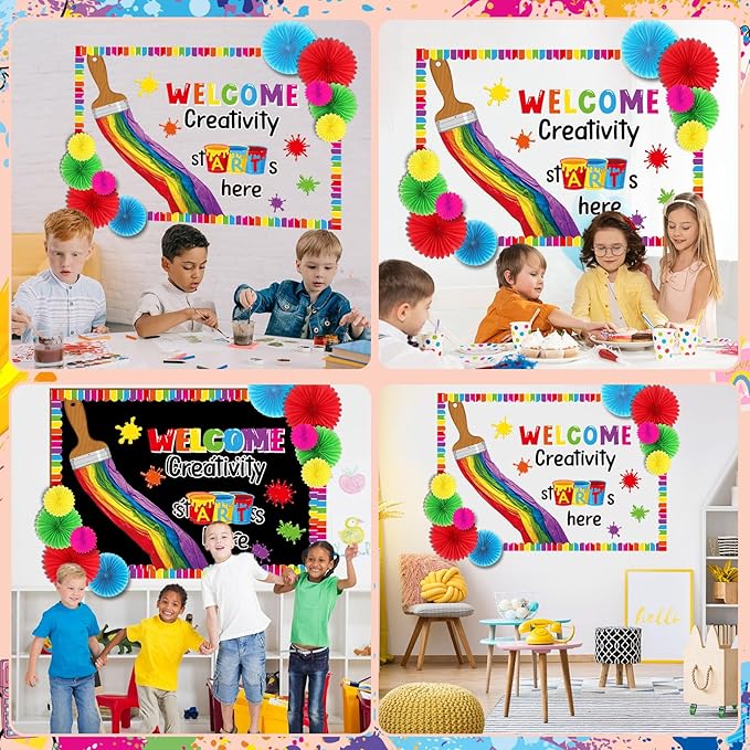 Pasimy Art Painting Bulletin Board Decorations Welcome Back Art Classroom Decor Rainbow Paintbrush Cutouts DIY Crepe Paper Rolls with Colorful Paper Fans for Wall Door Back to School Supplies