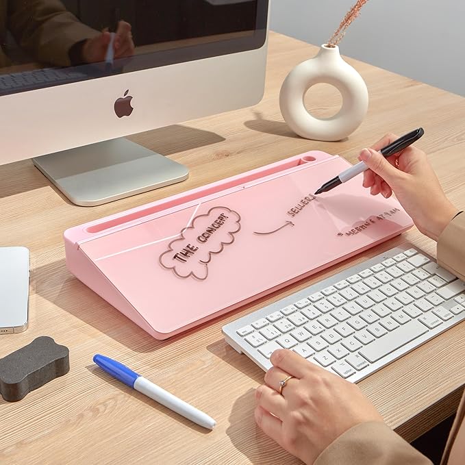 GAROOD Desktop Dry Erase Board with Storage Pink Color Desk White Board Desk Board Glass Desktop White Board with Stand Home Office Organizer Phone Holder 15.8X7X2 inches