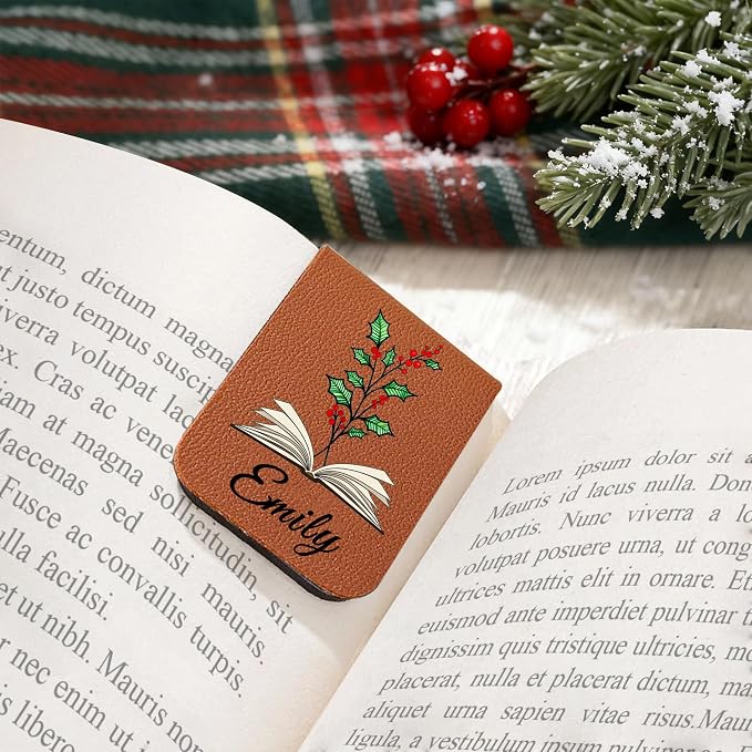 EDSG Personalized Magnetic Bookmarks, Leather Bookmark Clip with Birth Flower & Name, Custom Bookmarks for Book Lovers, Readers, Teacher, Book Mark for Women Men Christmas (Beige-Magnetic V1)