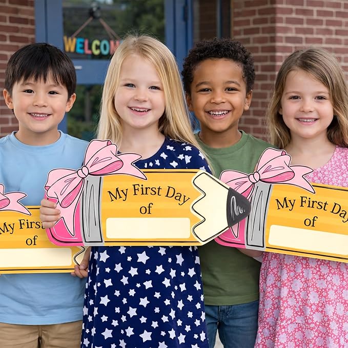 Novabright Pink Bow First Day of School Board Double Sided Printing Pencil First Day Sign 1st of Kindergarten Preschool Chalkboard for Back to School Supplies Kids Girls