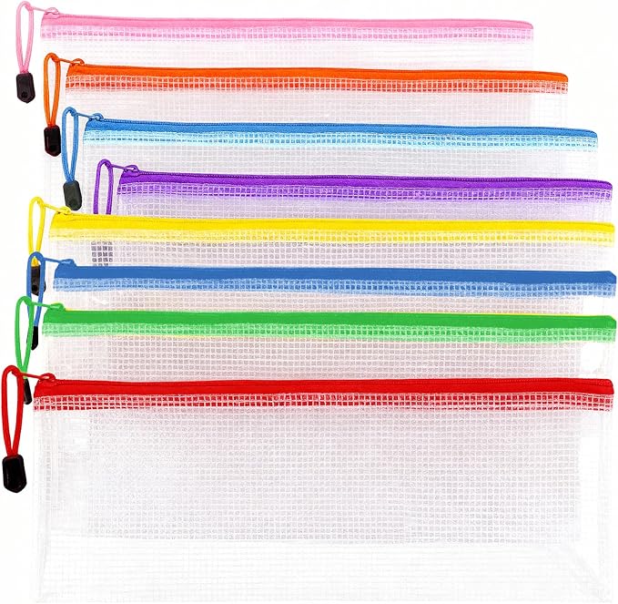 64 Pcs A4 Mesh Zipper Pouch Bags, 8 Colors Waterproof Zipper Pouches, 13 x 9.25 Inch Mesh Bags, Plastic Zippered Storage Bags, Bulk Clear File Bag for Office Supplies, Home Organize