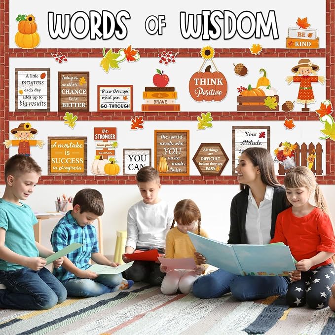 Mooliwe 57 Pcs Fall Bulletin Board Set Inspirational Flower Bulletin Board Decoration Positive Cutout Classroom Decoration for Autumn School Office Home Teacher Classroom Wall Supplies