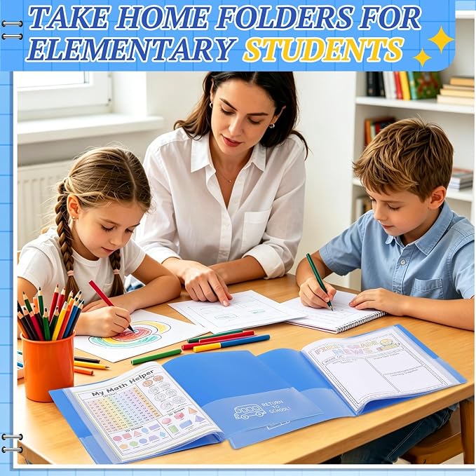 12 Pcs Take Home Folders for Elementary Students,Back to School 2 Pocket Folders with Clear Front Pocket 4 Inner Pockets,Plastic Parent Teacher Communication Folder 11.81 x 9.45 Inch (Blue)