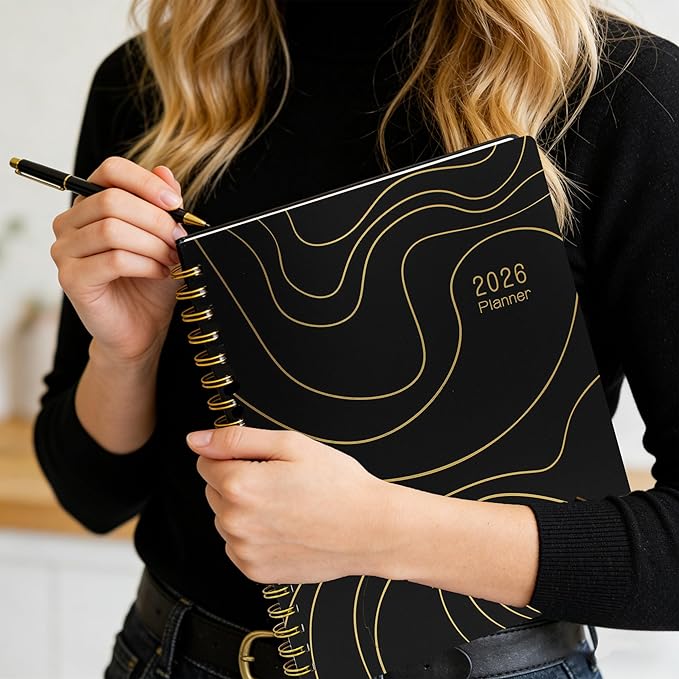 Sonjade Planner 2026 Daily & Weekly & Monthly, Spiral Bound, Academic Schedule Planners, Work Business Life Goal Calendar Planner, Appointment Book, Organiser Notebook, Black with Gold Design, 9 x 11.6 Inch, Black