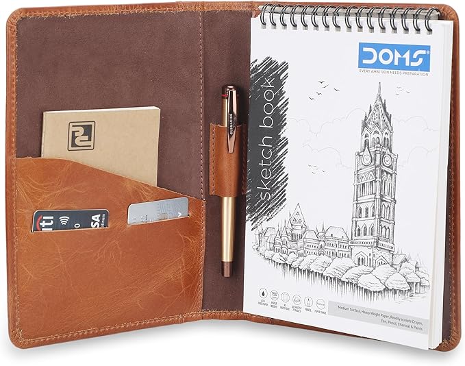 Leather Junior Padfolio for Men Women Business Portfolio Folder Compact 5 x 8 Legal Pad Organizer with Pen Loop Professional Resume Interview Document Holder Padfolio (Cognac Brown)