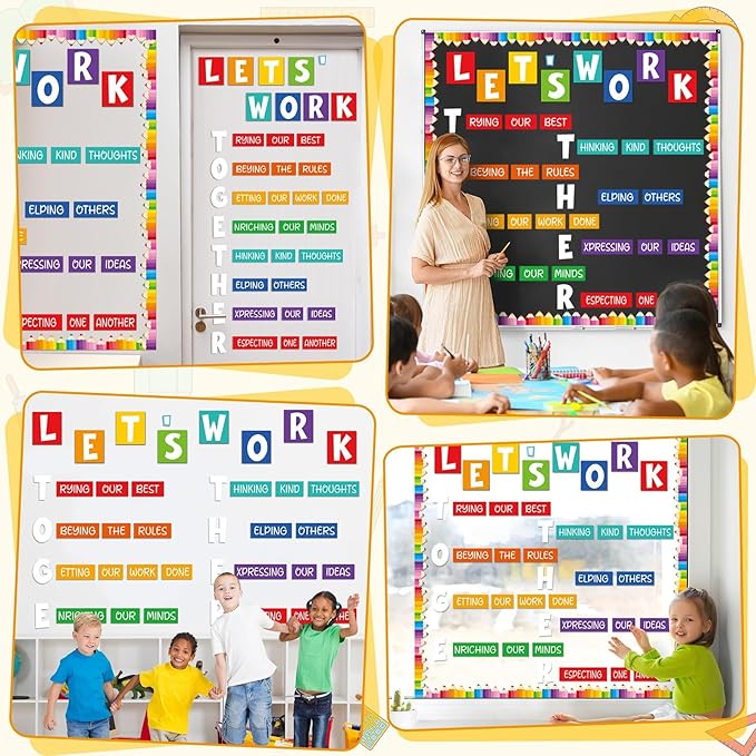 Motivational Bulletin Board Decorations for Classroom Let's Work Together Wall Inspiration Door Decor Colorful Pencil Cutouts for Back to School Elementary Home Wall Door Supplies