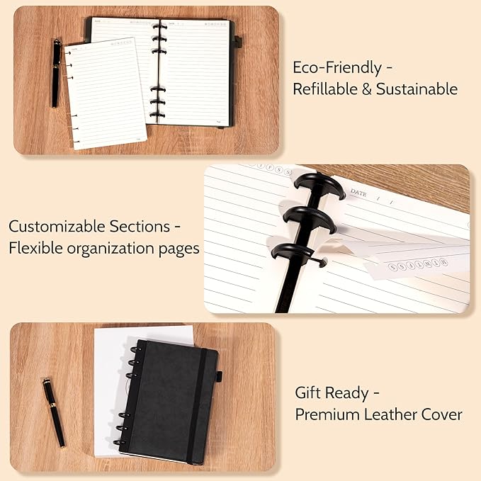 Yoment Leather Notebooks for Work Refillable 224 Page Lined Journal for Men, 100 GSM Thick 5 Subject Notebook with Removable Dividers Tabs Hardcover Notebook for School Note Taking 6.1 x 8.3,Black